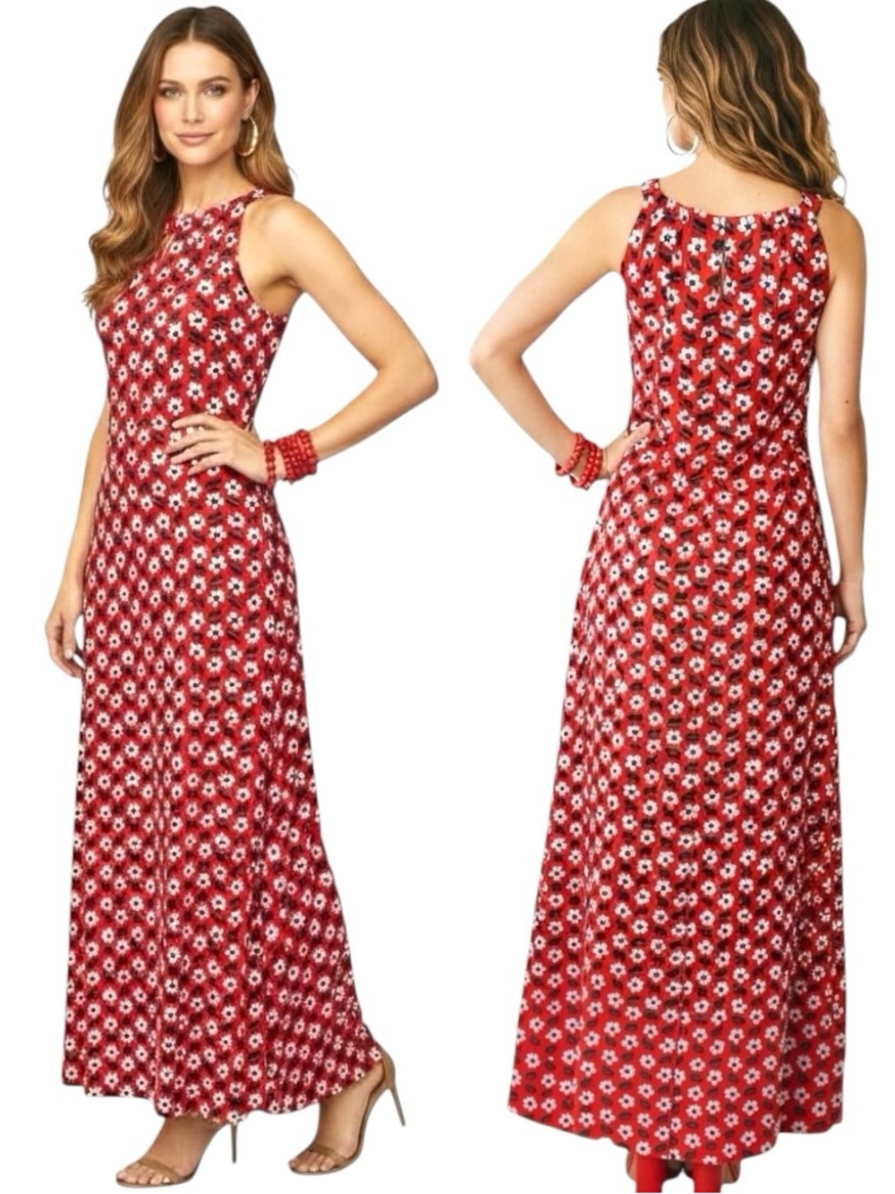 Bo & Nic Maxi Dress UPF 50+ Red Floral  Daisy Slit/Botton keyhole Sz XS $158